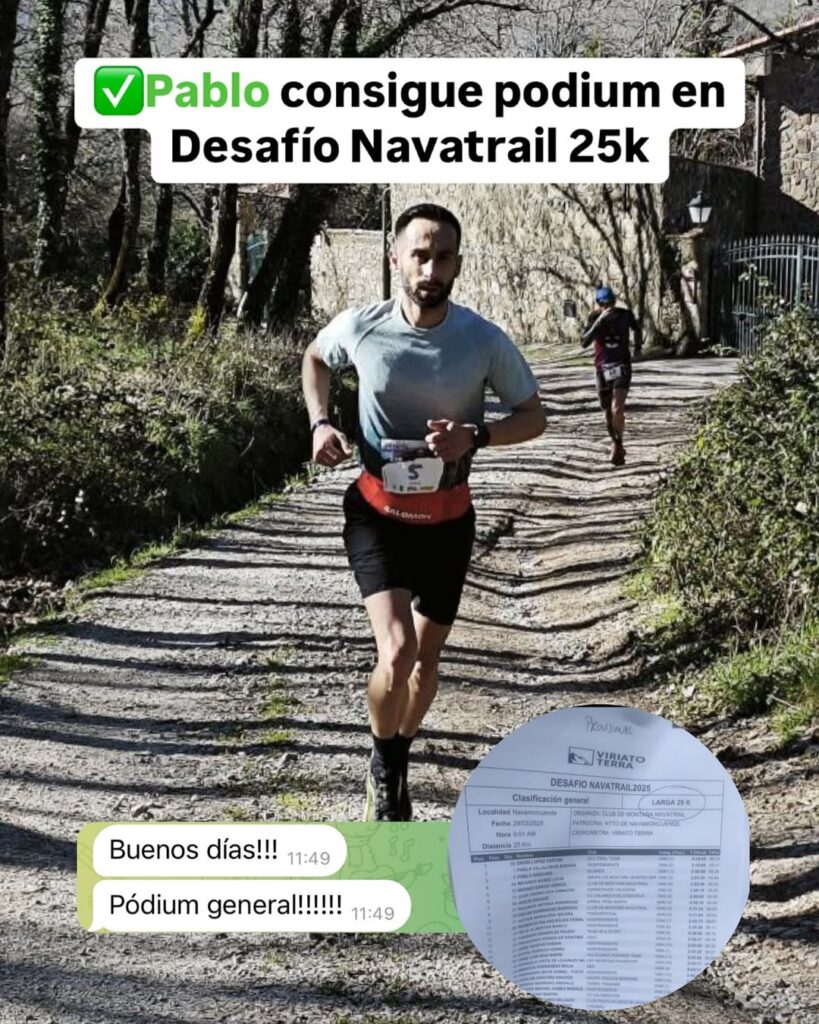 Pablo en el podio del Desafío Navatrail 25k, mostrando su medalla tras conseguir un destacado resultado en la carrera de montaña de 25 kilómetros.